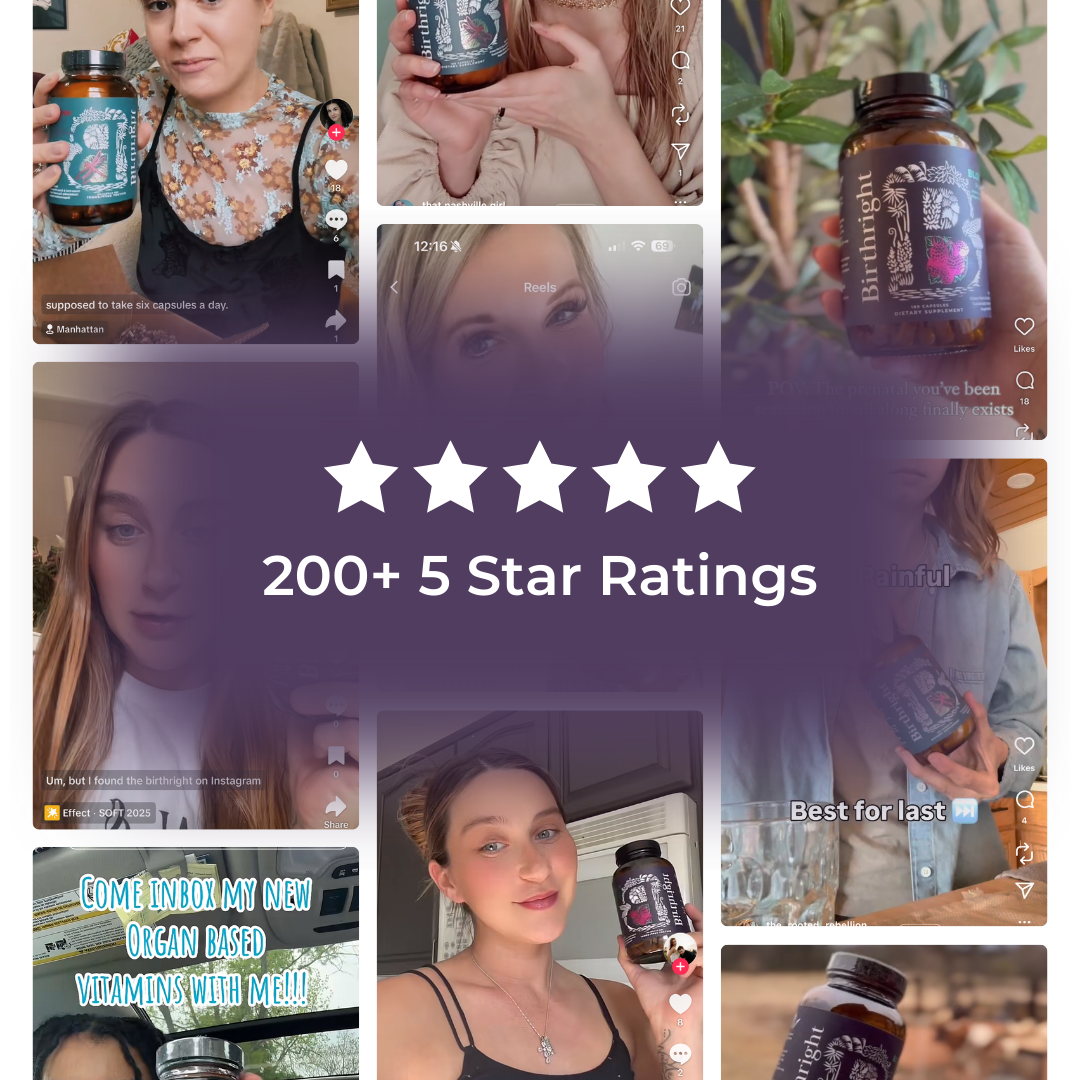 Customer photo collage of women holding Birthright Bloom bottles surrounding a five-star rating graphic. Text: