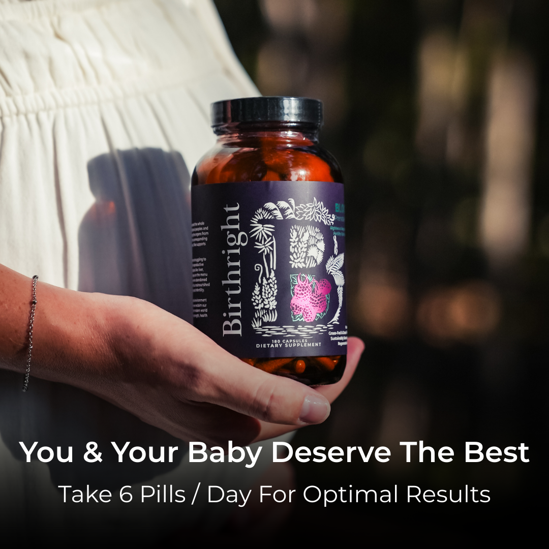 Mother in soft natural light holding a Bloom bottle. Text overlay: