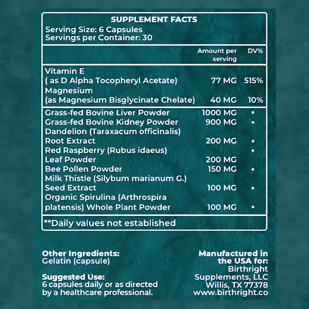 Revive Supplement Facts panel: 6-capsule serving, 30 servings per container. Vitamin E, magnesium bisglycinate, grass-fed bovine liver, beef kidney, dandelion root, red raspberry leaf, bee pollen, milk thistle, and organic spirulina.