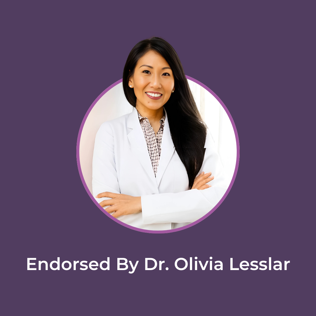 Portrait of Dr. Olivia Lesslar, MBBS, in a white coat, on a purple background. Text: