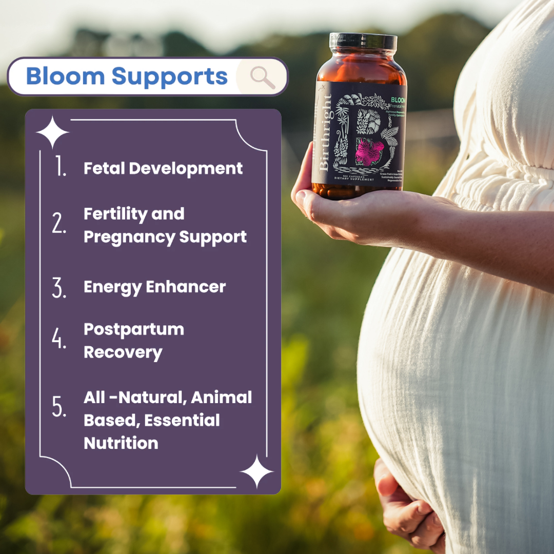Pregnant woman holding a Bloom bottle with a