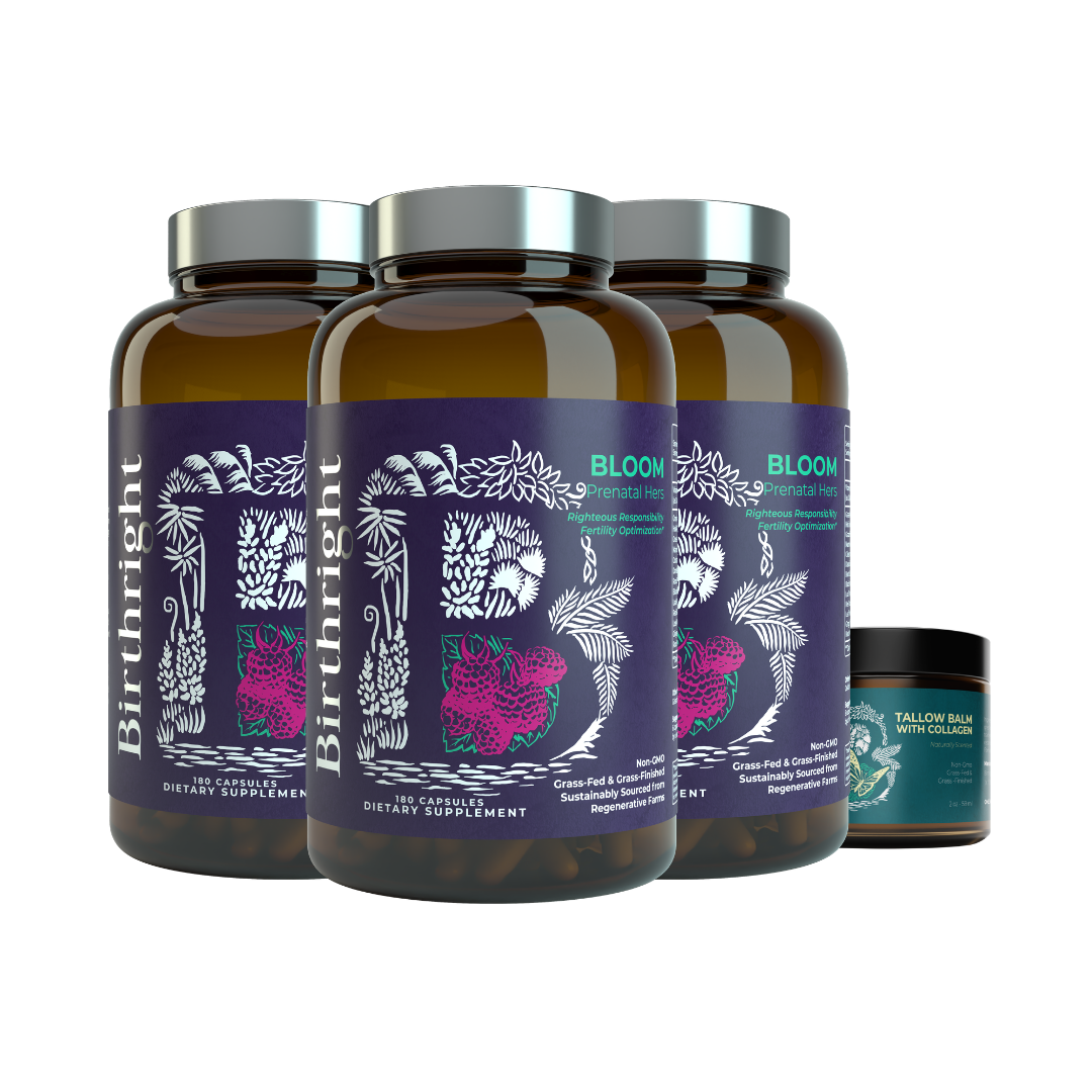 Birthright Bloom 3 Month Bundle: three Bloom prenatal supplement bottles displayed alongside one Tallow Balm jar.