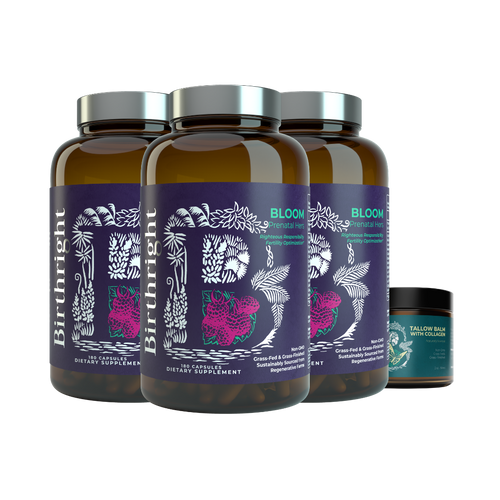 Birthright Bloom 3 Month Bundle: three Bloom prenatal supplement bottles displayed alongside one Tallow Balm jar.