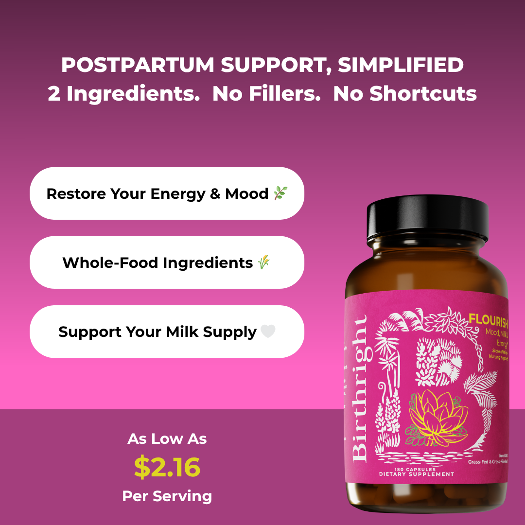 Pink Flourish bottle beside benefit callouts: restore your energy and mood, whole-food ingredients, support your milk supply. Heading: 