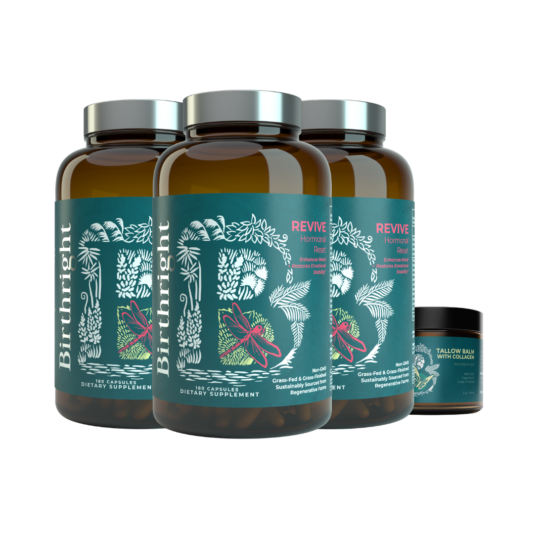 Birthright Revive 3 Month Bundle: three Revive women's wellness supplement bottles displayed alongside one Tallow Balm jar.