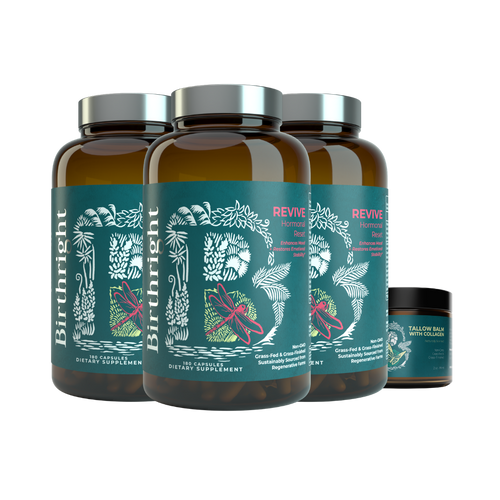 Birthright Revive 3 Month Bundle: three Revive women's wellness supplement bottles displayed alongside one Tallow Balm jar.