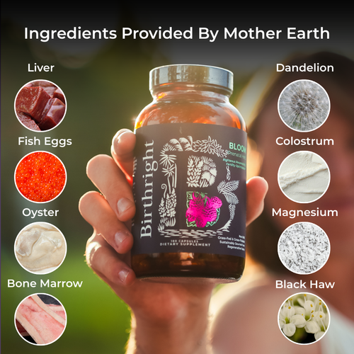 Hand holding Bloom bottle with ingredient icons around it: liver, fish eggs, oyster, bone marrow, dandelion, colostrum, magnesium, black haw. Heading: "Ingredients Provided By Mother Earth".