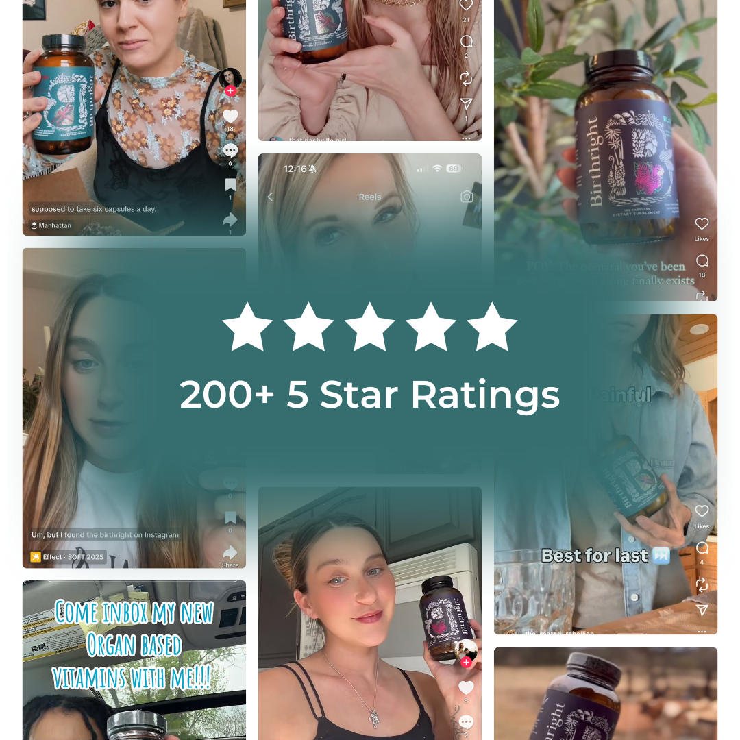 Customer photo collage of women holding Birthright supplement bottles surrounding a five-star rating graphic. Text: "200+ 5 Star Ratings".
