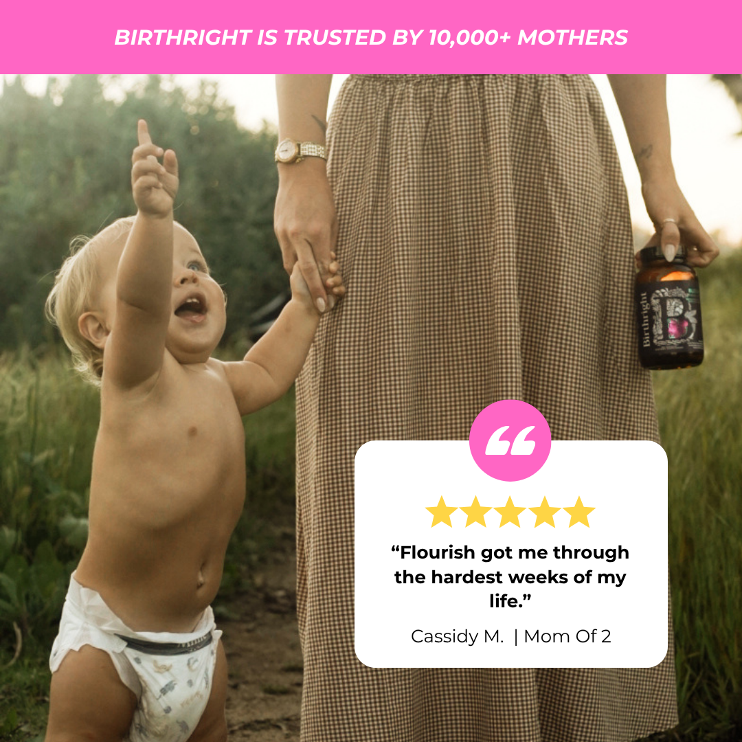 Mother and toddler outdoors with a Flourish bottle and a five-star customer review: 