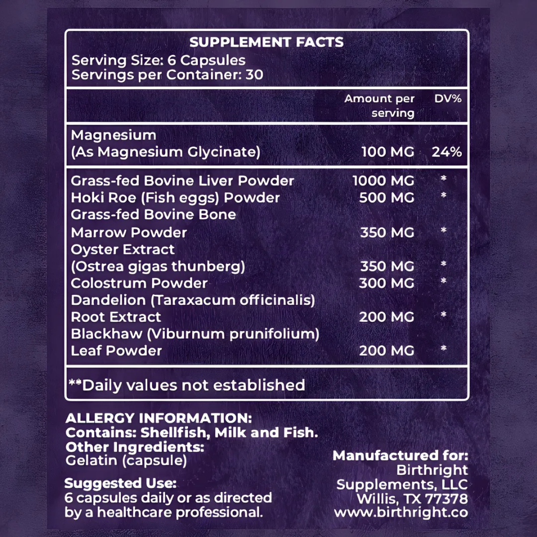 Bloom Supplement Facts panel: 6-capsule serving, 30 servings per container. Magnesium glycinate, grass-fed bovine liver, hoki roe, bovine bone marrow, oyster extract, colostrum, dandelion root, blackhaw. Allergens: shellfish, milk, fish.