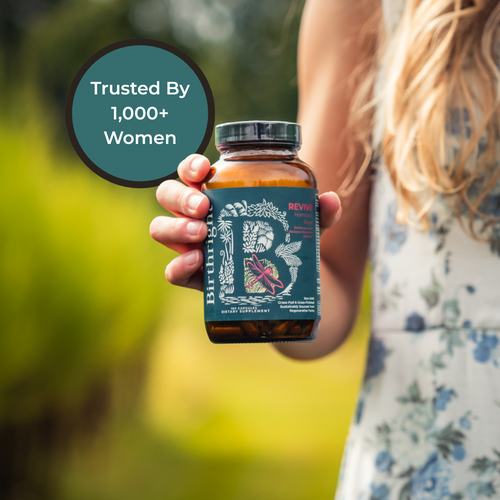 Woman holding a Revive bottle outdoors with a "Trusted By 1,000+ Women" badge.