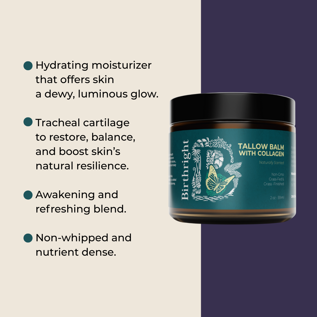Tallow Balm jar beside a list of benefits: hydrating moisturizer for a dewy, luminous glow; tracheal cartilage to restore and boost skin's natural resilience; awakening and refreshing essential oil blend; non-whipped and nutrient dense.