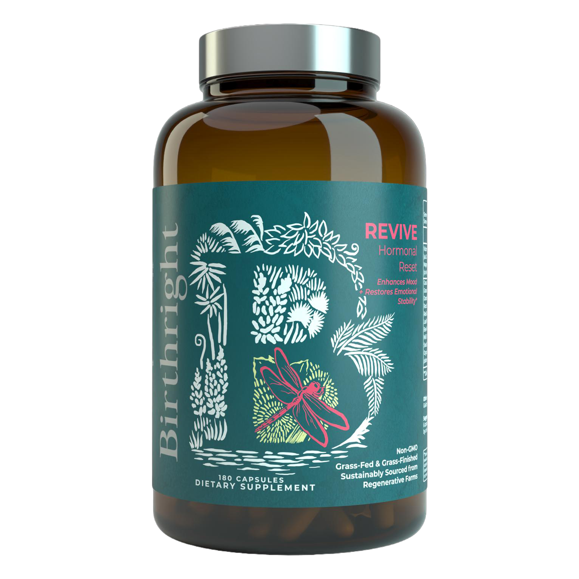 Birthright Revive women's wellness supplement bottle with teal label and dark amber jar, 180 capsules dietary supplement, grass-fed and grass-finished, sustainably sourced from regenerative farms.