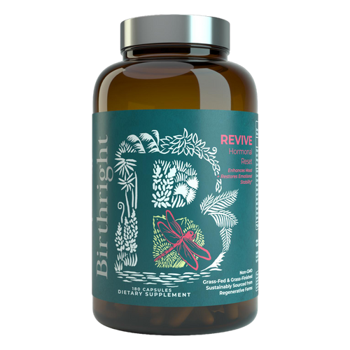 Birthright Revive women's wellness supplement bottle with teal label and dark amber jar, 180 capsules dietary supplement, grass-fed and grass-finished, sustainably sourced from regenerative farms.