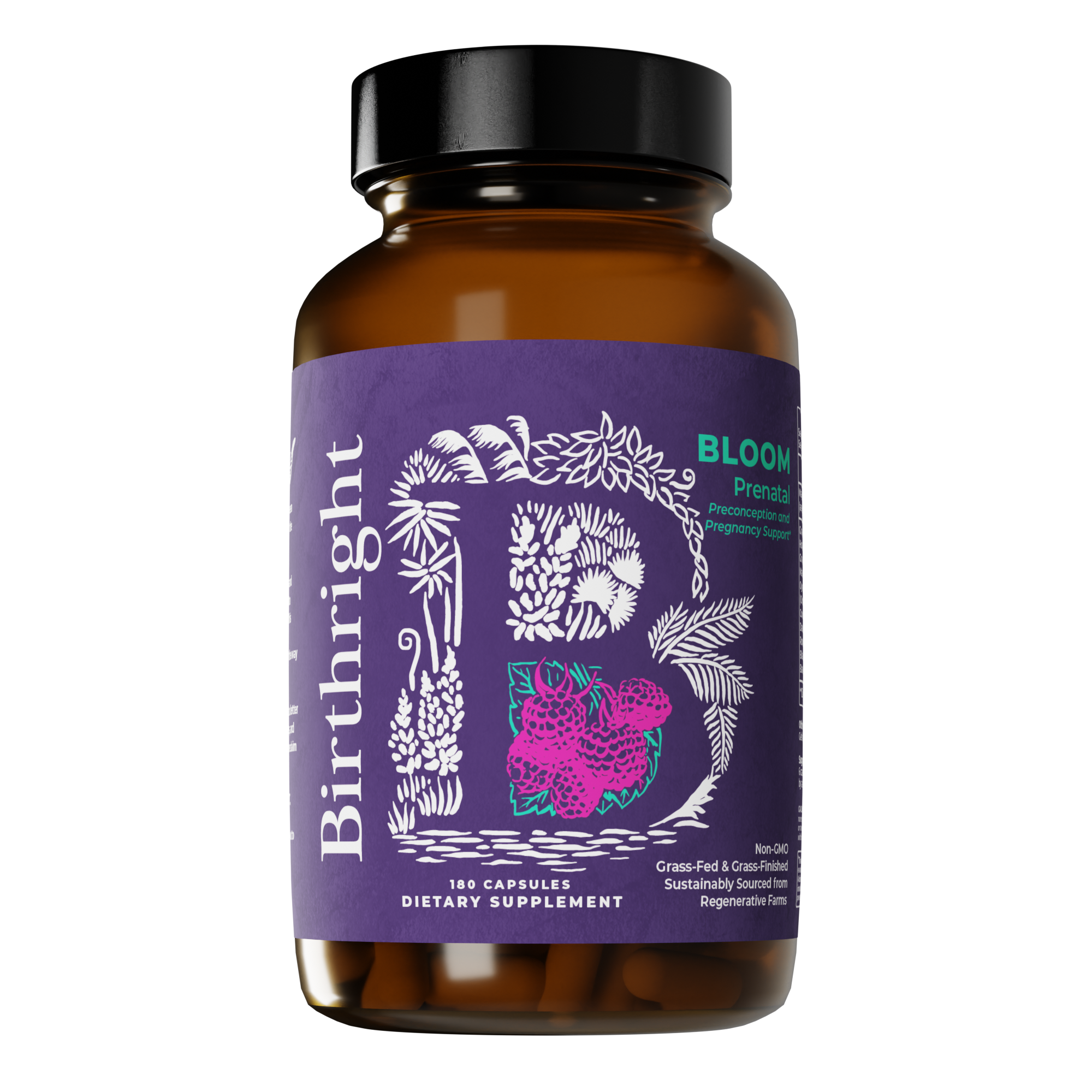 Birthright Bloom prenatal supplement bottle with purple label and dark amber jar, 180 capsules dietary supplement, grass-fed and grass-finished, sustainably sourced from regenerative farms.