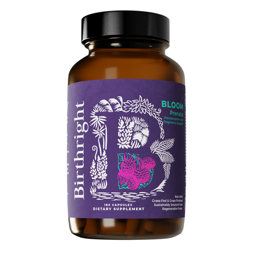 Birthright Bloom prenatal supplement bottle with purple label and dark amber jar, 180 capsules dietary supplement, grass-fed and grass-finished, sustainably sourced from regenerative farms.