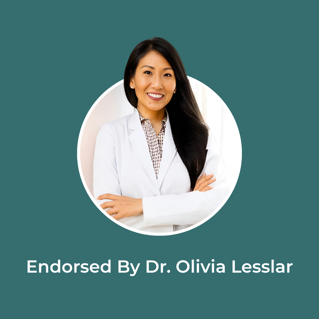 Portrait of Dr. Olivia Lesslar, MBBS, in a white coat, on a teal background. Text: 