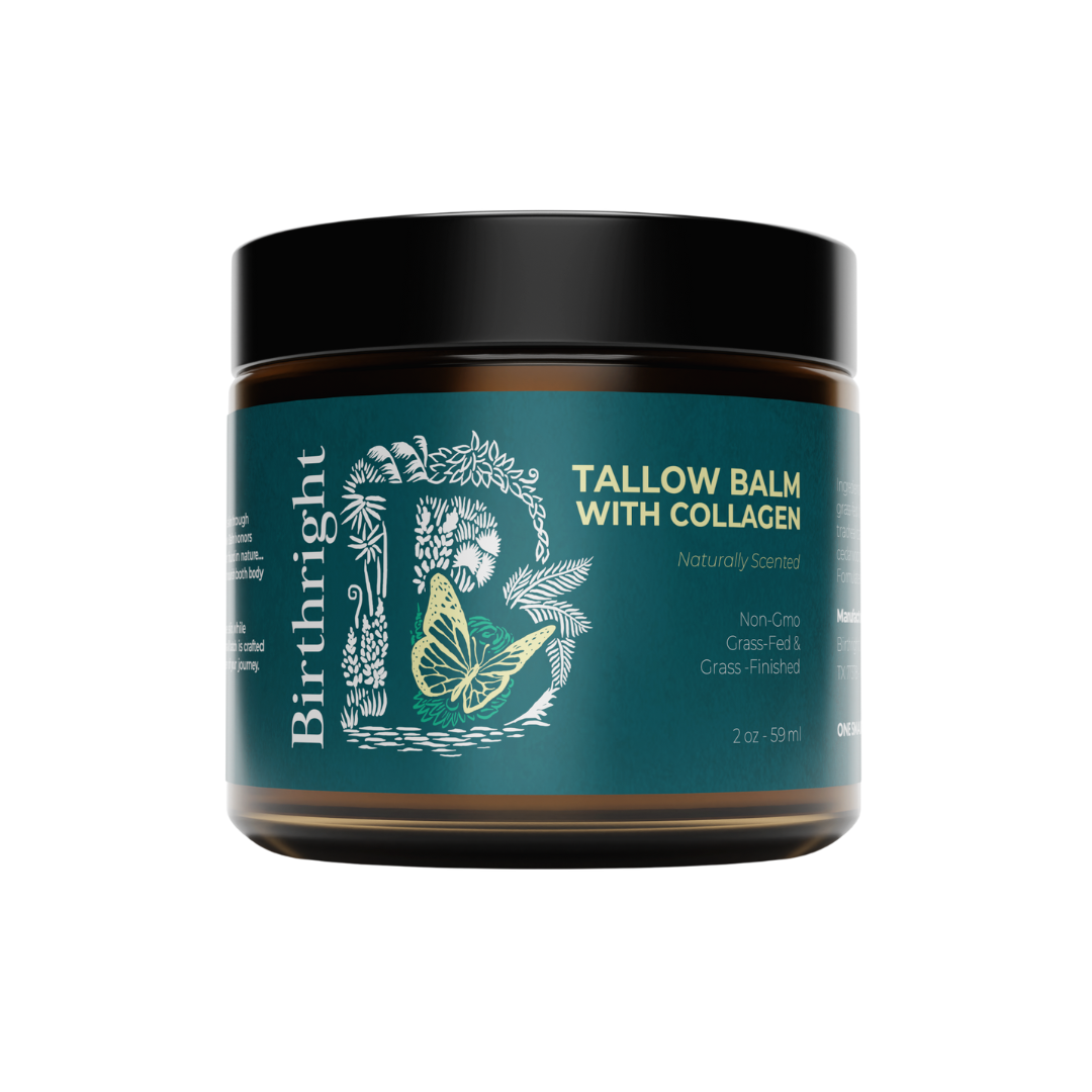 Birthright Tallow Balm with Collagen jar, 2 oz / 59 ml, naturally scented, non-GMO, grass-fed and grass-finished. Dark amber glass jar with teal label.