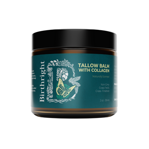 Birthright Tallow Balm with Collagen jar, 2 oz / 59 ml, naturally scented, non-GMO, grass-fed and grass-finished. Dark amber glass jar with teal label.